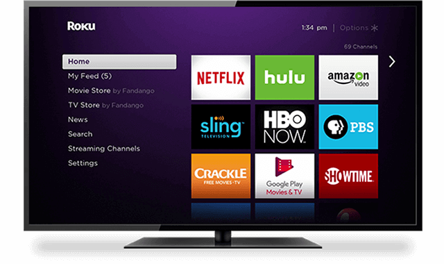 Roku streaming device home screen displaying Netflix, Hulu, Amazon Prime, and other entertainment apps.