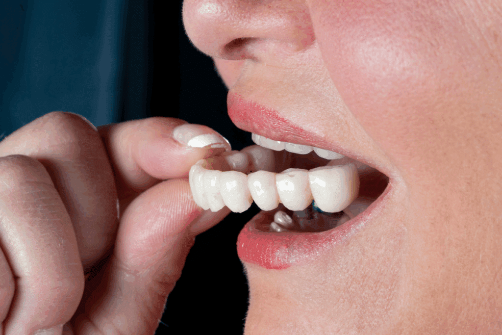 Woman displaying a full smile with white dental veneers or temporary prosthetic teeth.